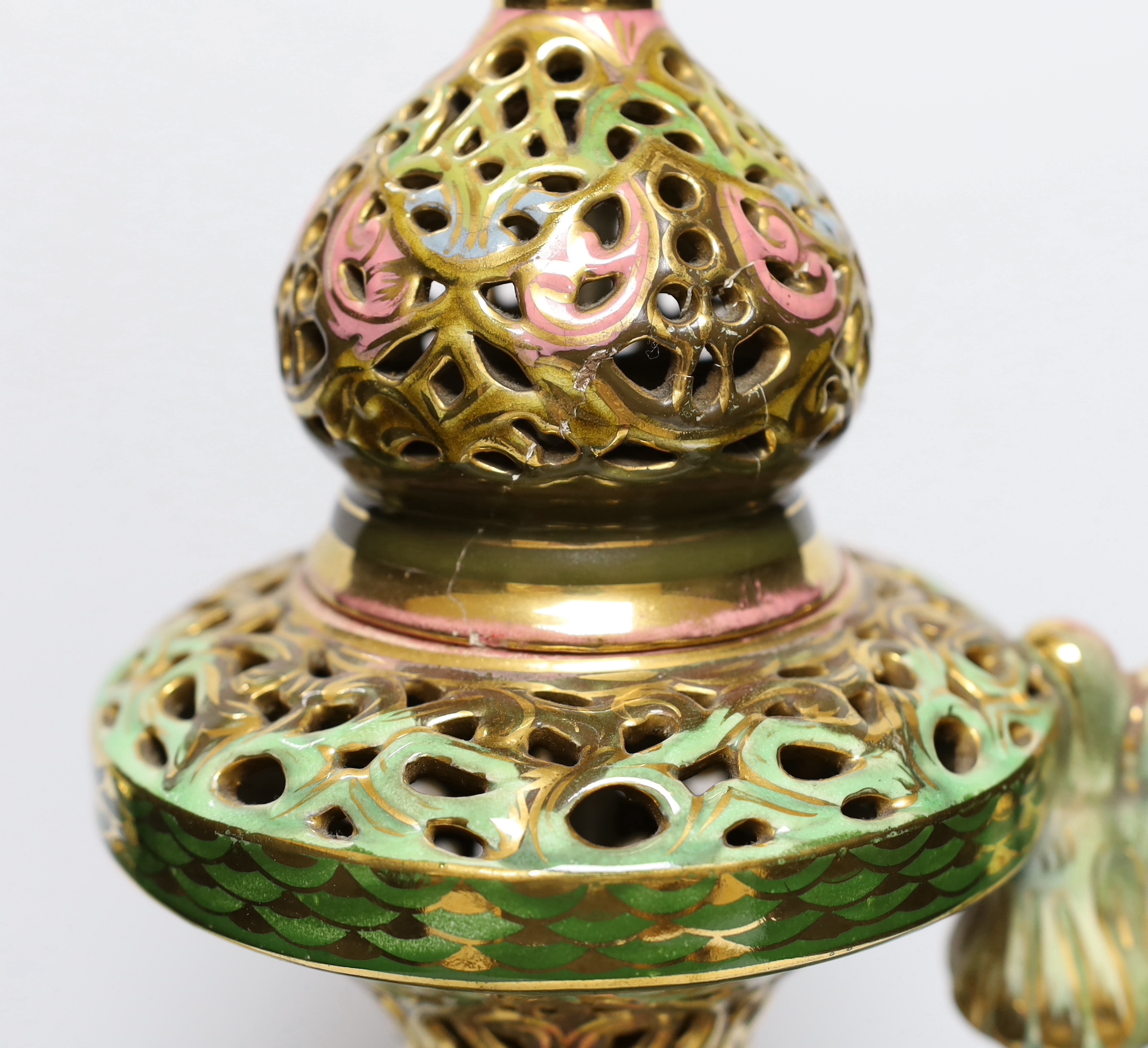 A large Fischer pierced pottery ewer, 53cm high